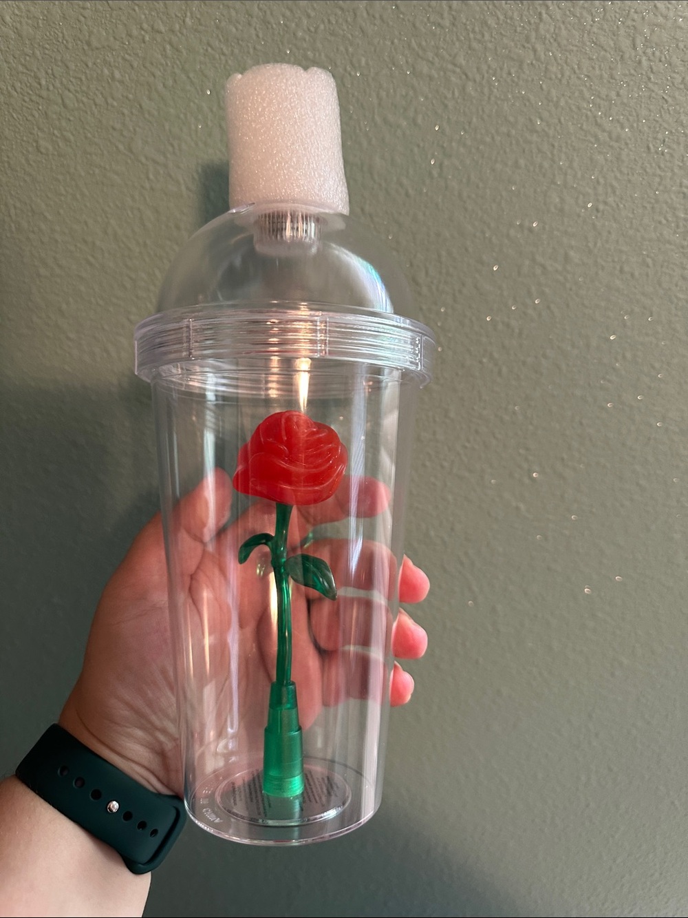 Disney Beauty and the Beast Clear Acrylic Tumbler with Red Rose and Green Stem